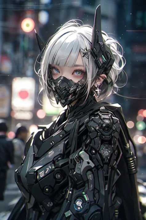 gothpunk, robot, 1girl, solo, walking in Harajuku, (bokeh, neon light:1.2), white eyebrows, glowing hair, (iridescent white hair), earrings, bangs, jewellery, mask, blunt bangs, (iridescent eyes, glowing eyes, green eyes, mouth mask), blurry background, blurry, hair ornament, (looking at the viewer), short hair, portrait, sidelocks, <lora:Gothpunk:1>, <lora:robotbattle:1>, <lora:add_detail:0.4>