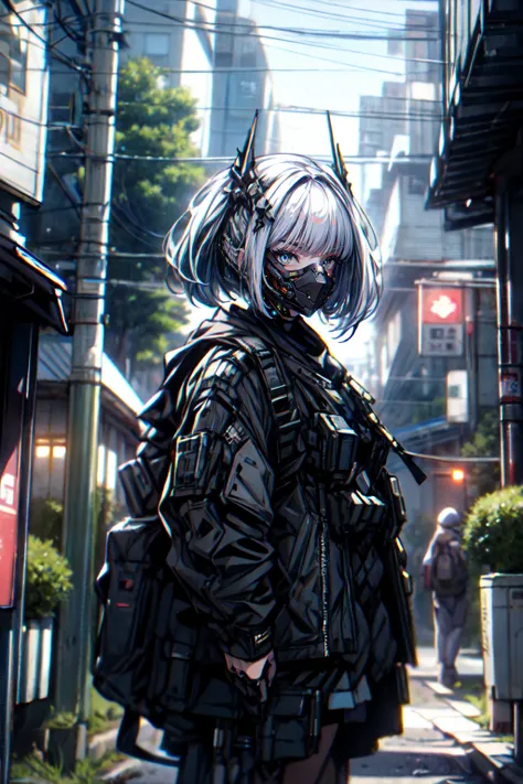 [gothpunk|robot], roblit, 1girl, solo, walking in Harajuku, white eyebrows, glowing hair, (iridescent white hair), earrings, bangs, jewellery, mask, blunt bangs, (iridescent eyes, glowing eyes, green eyes, mouth mask), hair ornament, looking at the viewer, short hair, portrait, sidelocks, <lora:Gothpunk:1>, <lora:Mecharobot:0.8> detailed background, in street
BREAK
outdoors, twilight, raytracing <lora:add_detail:1>