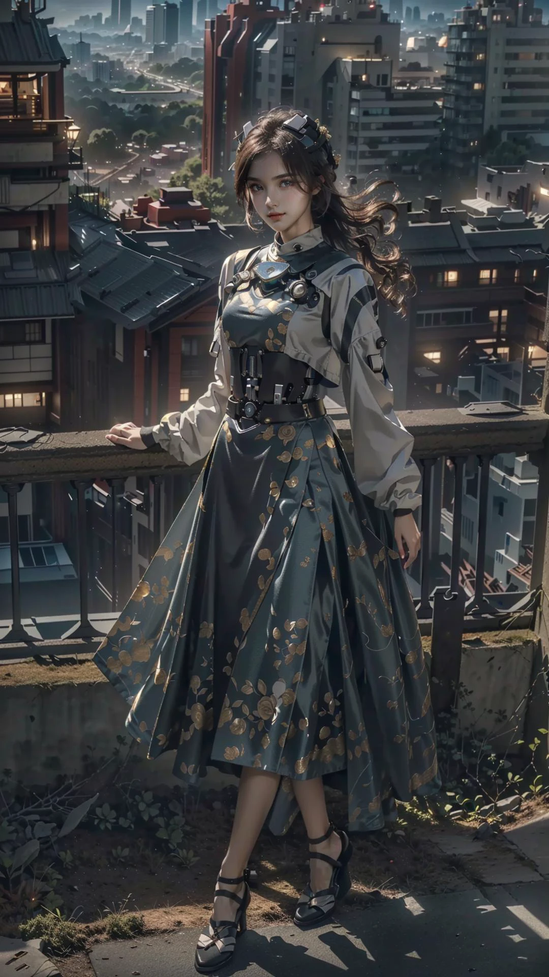 (masterpiece, top quality, best quality, official art, beautiful and aesthetic:1.2),highres, photorealistic,daytime,(1mechanical_girl:1.2), <lora:Ma-Mian_skirt:0.4> , <lora:Mecha:0.6>,multy_directioned_light, (dramatic_lighting:1.5),(bright_light:1.3),(utopia_city:1.5),outdoors, full body,complicated_fiber