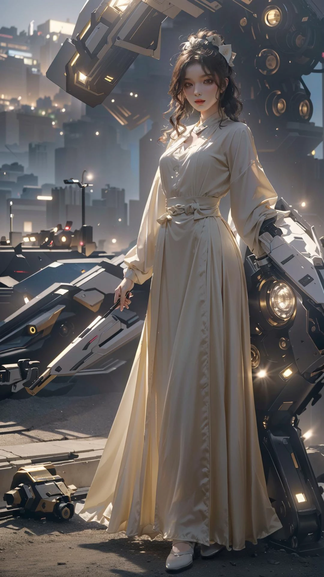 (masterpiece, top quality, best quality, official art, beautiful and aesthetic:1.2),highres, photorealistic,daytime,(1mechanical_girl:1.2), <lora:Ma-Mian_skirt:0.4> , <lora:Mecha:0.65>,multy_directioned_light, (dramatic_lighting:1.5),(bright_light:1.5),(utopia_city:1.5),outdoors, full body,complicated_fiber