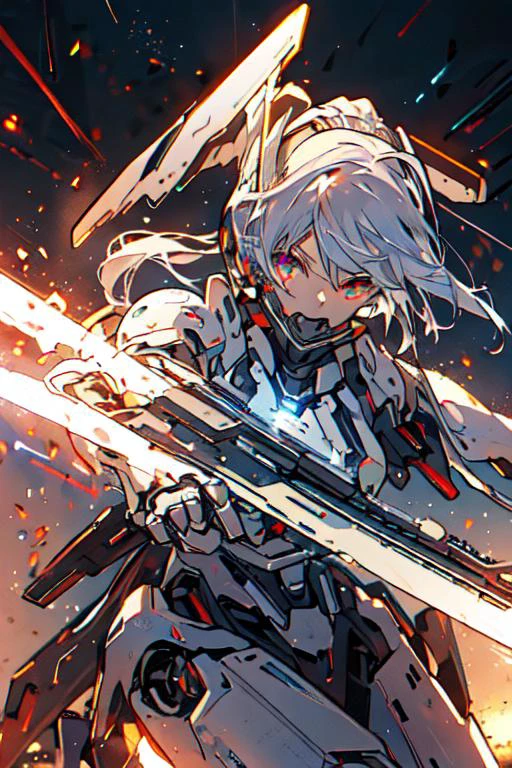 (best quality:1.2) (4k:1.) (very high resolution:1.1) , (realistic photograph:1.1) , (ultra detailed CG:1.1) ,
<lyco:Robotaction:1> robot , 1girl , solo , (small breasts:1) , (silver ponytail:1) , glowing eyes , mechanical ears , headgear , sun visor , white armor ,
holding weapon , beam , mechanical wings , heat haze , shooting position , running towards viewer , spark , soot ,
expressionless , cinematic lighting , science fiction