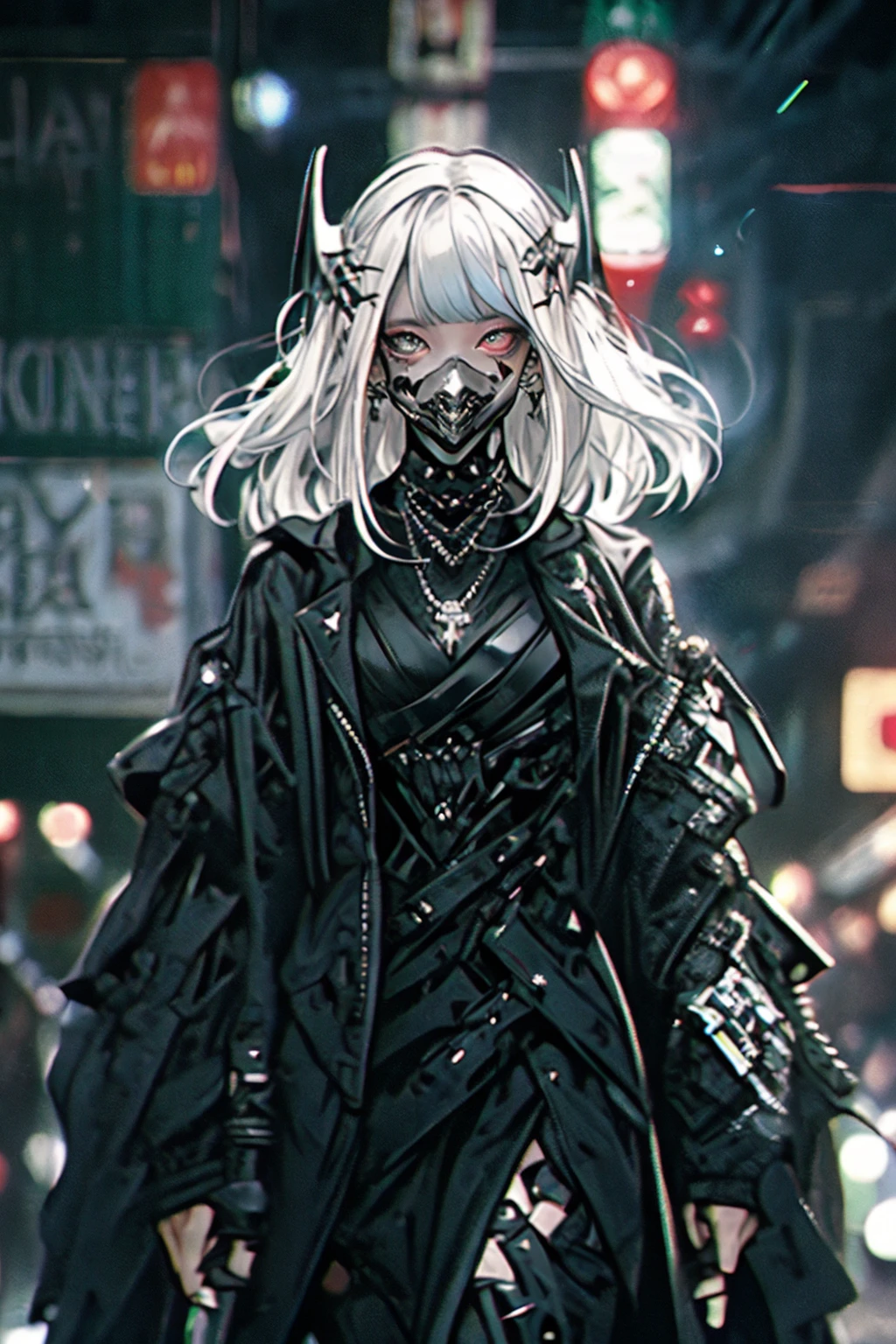 gothpunk, robot, 1girl, solo, walking in Harajuku, (bokeh, neon light:1.2), white eyebrows, glowing hair, (iridescent white hair), earrings, bangs, jewellery, mask, blunt bangs, (iridescent eyes, glowing eyes, green eyes, mouth mask), blurry background, blurry, hair ornament, (looking at the viewer), short hair, portrait, sidelocks, <lora:Gothpunk:1>, <lora:robotbattle:1>, <lora:add_detail:0.4>