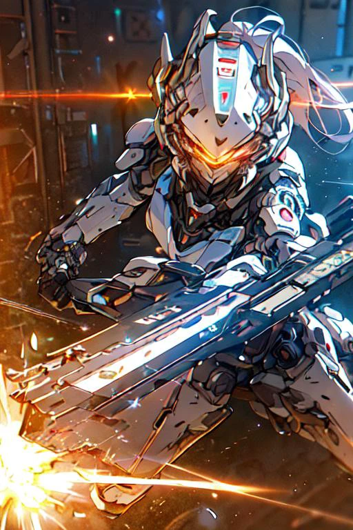 (best quality:1.2) (4k:1.) (very high resolution:1.1) , (realistic photograph:1.1) , (ultra detailed CG:1.1) ,
<lyco:Robotaction:1> robot , 1girl , solo , (small breasts:1) , (silver ponytail:1) , glowing eyes , mechanical ears , headgear , sun visor , white armor ,
holding weapon , beam , mechanical wings , heat haze , shooting position , running towards viewer , spark , soot ,
expressionless , cinematic lighting , science fiction