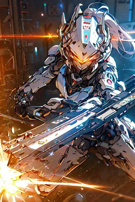 (best quality:1.2) (4k:1.) (very high resolution:1.1) , (realistic photograph:1.1) , (ultra detailed CG:1.1) ,
<lyco:Robotaction:1> robot , 1girl , solo , (small breasts:1) , (silver ponytail:1) , glowing eyes , mechanical ears , headgear , sun visor , white armor ,
holding weapon , beam , mechanical wings , heat haze , shooting position , running towards viewer , spark , soot ,
expressionless , cinematic lighting , science fiction