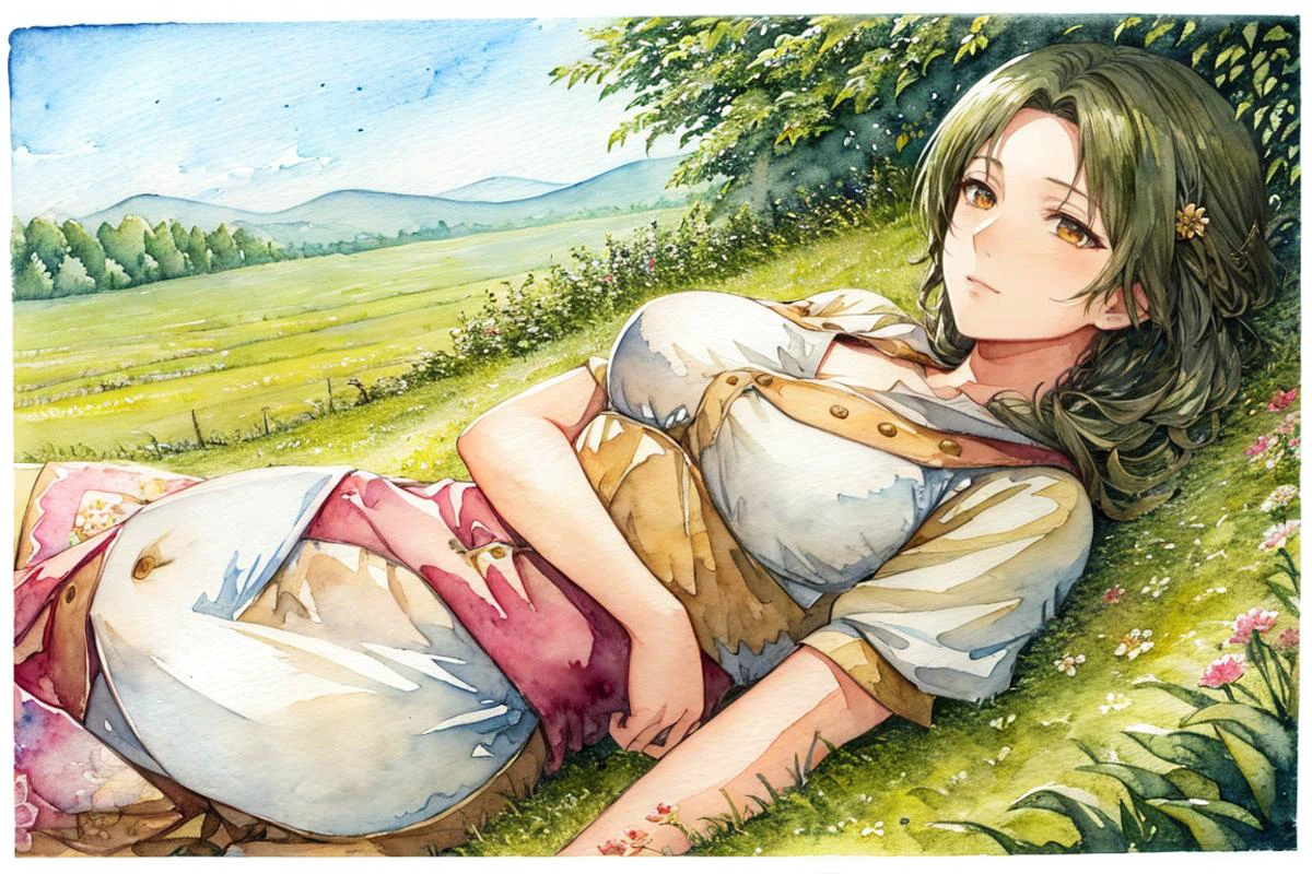 (masterpiece, best quality, beautiful detailed eyes, intricate details), 4k, 1girl, solo, lying, on back, cowboy shot, rural, outdoors, crops, (curvy:1.15), (motherly:1.2), large breasts, <lora:theresa-snk-richy-v1:0.9> theresa, ribbon, apron, mature female, green hair, brown eyes, hair ornament, (watercolor \(medium\):1.5)