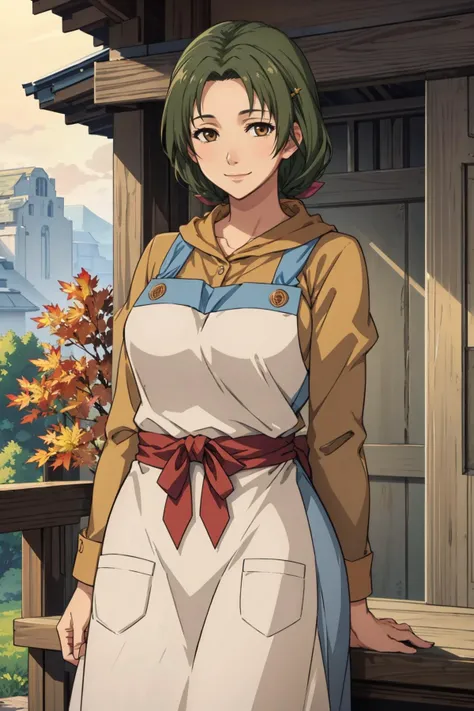 masterpiece, best quality,  <lora:theresa-snk-richy-v1:0.9> theresa, ribbon, apron, mature female, green hair, brown eyes, hair ornament, motherly, looking at viewer, smile, serene smile, rustic village, autumn, cowboy shot, looking at viewer, smile, wide hips