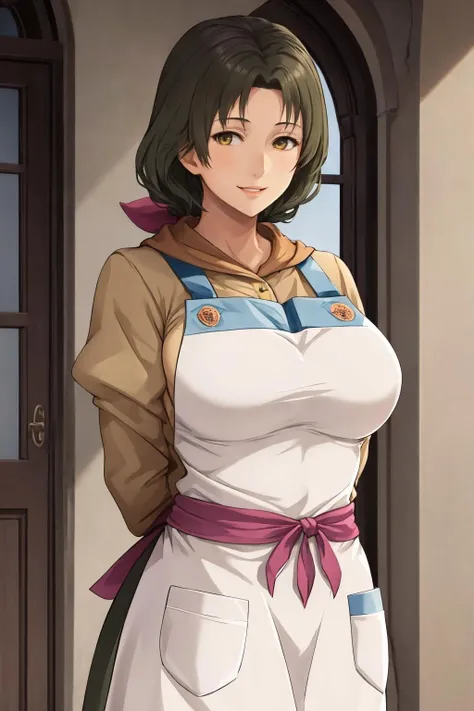 masterpiece, best quality, 1girl, solo, <lora:theresa-snk-richy-v1:1> theresa, ribbon, apron, mature female, green hair, brown hair, looking at viewer, parted lips, smile, motherly, arms behind back, large breasts