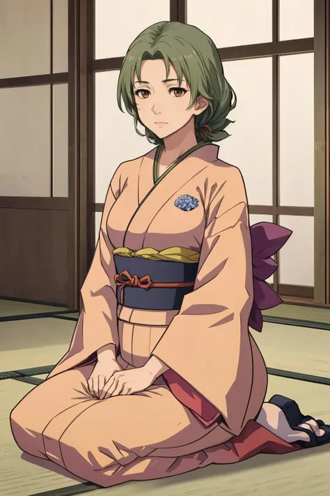 masterpiece, best quality, 1girl, solo, <lora:theresa-snk-richy-v1:1> theresa, ribbon, mature female, green hair, brown eyes, kimono, seiza, sitting, japanese clothes,
