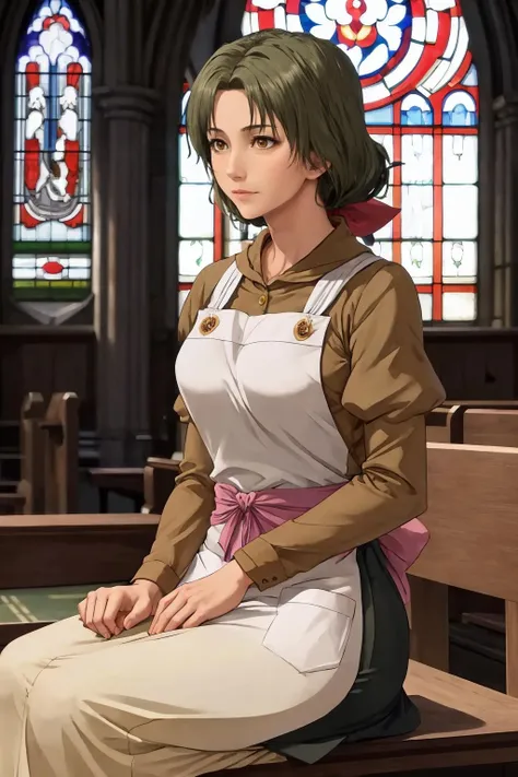 masterpiece, best quality, 1girl, solo, <lora:theresa-snk-richy-v1:1> theresa, ribbon, apron, mature female, green hair, brown eyes, church, stained glass, pew, sitting, hair ornament,