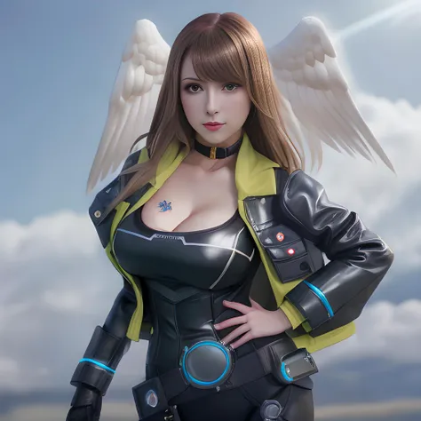 latex, female, big breasts, sexy, cinematic, detailed, volumetric light, highly detailed illustration, smooth, sharp focus, pretty face, eunie from Xenoblade 3, <lora:eunie:1> eunie,1girl,brown hair, black choker,open jacket,chest tattoo,jacket,head wings,blue eyes,black jacket,