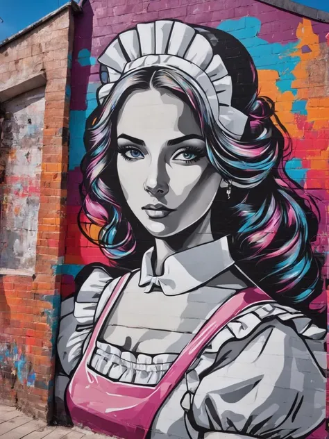 Graffiti style beautiful woman, (maid), <lora:xl_cute_maid_dress-1.0:1>, . Street art, vibrant, urban, detailed, tag, mural