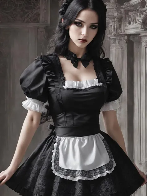 Gothic style beautiful woman, (maid), <lora:xl_cute_maid_dress-1.0:0.8>, short skirt . Dark, mysterious, haunting, dramatic, ornate, detailed