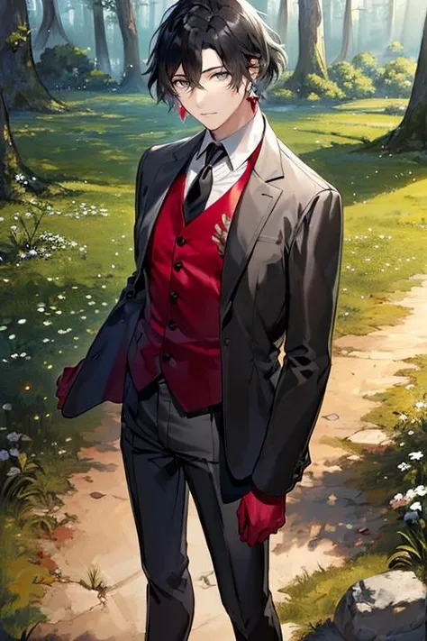 ((masterpiece)), ((best quality)), (ultra-detailed), absurdres, extremely detailed CG unity 8k wallpaper, Official Art, Accurate describe shapes, (realistic), detailed hands, expressive eyes, upper body, close-up, solo, (forest, scenery, dramatic light, illustration:1.1), (standing, arm at side, expressionless:1.2), (1boy, mature male, hair between eyes, short hair, black hair, grey eyes:1.4), (black jacket, black pants, red vest, black necktie, white shirt:1.3), , ((masterpiece)), absurdres, HDR, constantine xi - first ascension (fate), <lora:last:0.7>