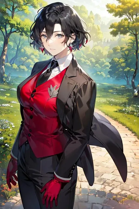 ((masterpiece)), ((best quality)), (ultra-detailed), absurdres, extremely detailed CG unity 8k wallpaper, Official Art, Accurate describe shapes, (realistic), detailed hands, expressive eyes, upper body, close-up, solo, (forest, scenery, dramatic light, illustration:1.1), (standing, arm at side, expressionless:1.2), (1girl, mature female, large breasts, hair between eyes, short hair, black hair, grey eyes:1.4), (black jacket, black pants, red vest, black necktie, white shirt, red gloves:1.3), , ((masterpiece)), absurdres, HDR, constantine xi - first ascension (fate), <lora:last:0.7>