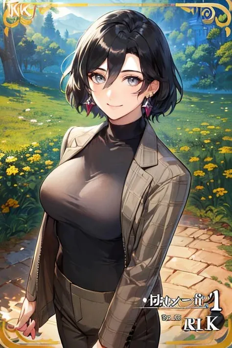 ((masterpiece)), ((best quality)), (ultra-detailed), absurdres, extremely detailed CG unity 8k wallpaper, Official Art, Accurate describe shapes, (realistic), detailed hands, expressive eyes, upper body, close-up, solo, (forest, scenery, dramatic light, illustration:1.1), (standing, arm at side, smile1.2), (1girl, mature female, large breasts, hair between eyes, short hair, black hair, grey eyes:1.4), (brown pants, black shirt, plaid jacket, earrings, long sleeves:1.3), , ((masterpiece)), absurdres, HDR, constantine xi - eternalroma (fate), <lora:last:0.7>