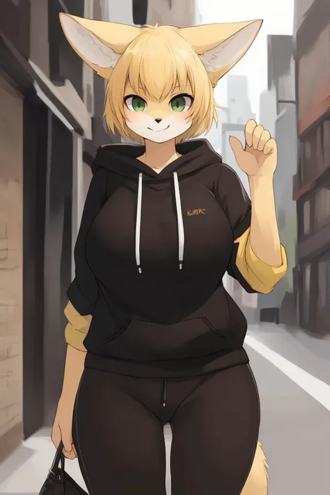 (HD, 4k, high resolution, best quality:1.4, high quality, detailed),((detailed background)),(street,looking at viewer)
,(furry,kemono,fennec fox),(solo),(yellow body fur:1.3),(short hair,bangs),standing,green eyes,detailed face,seductive smirk
,(big breasts,wide hip,from front)
,black hoodie,black sweatpants
<lora:fluffyrock-quality-tags-v4.rc11.5:1>