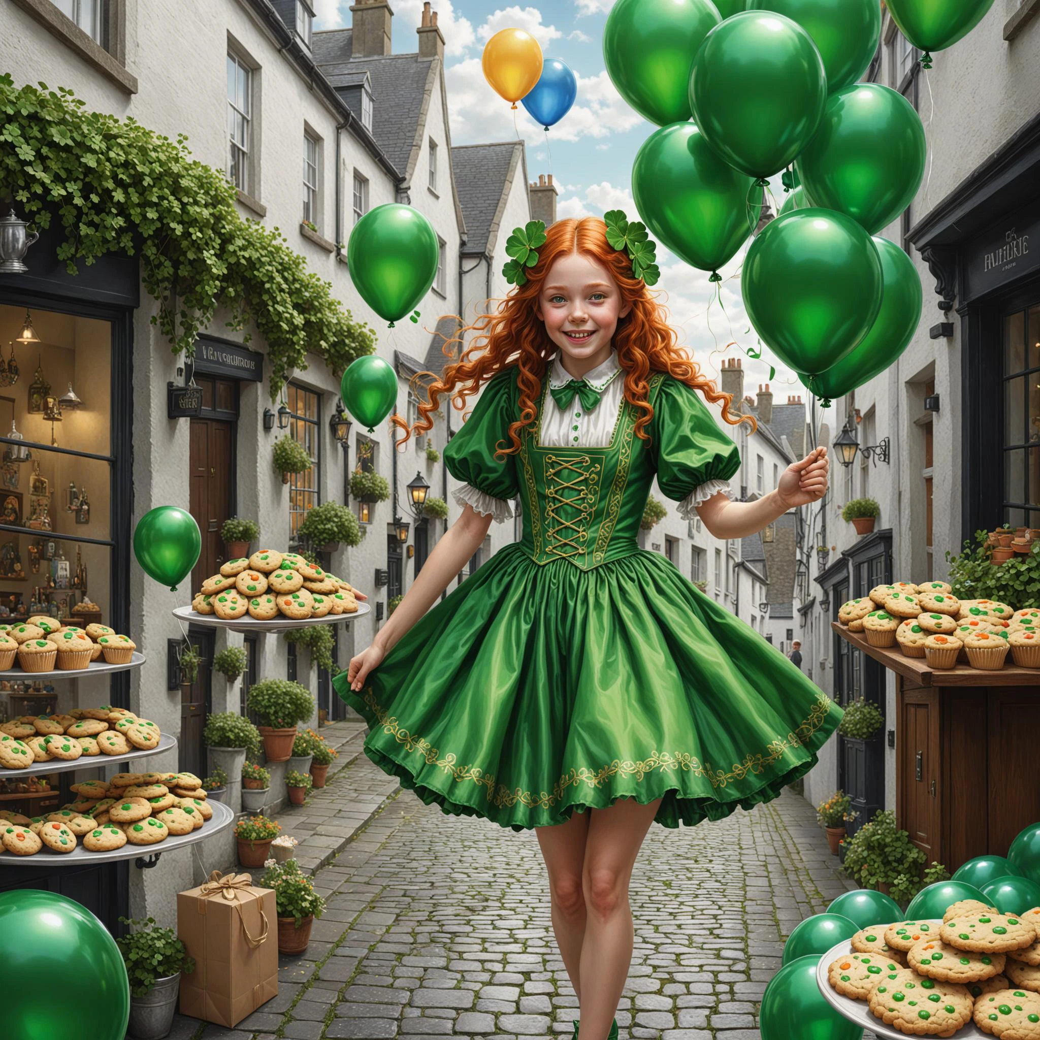 hyper detailed masterpiece, dynamic realistic digital art, awesome quality, , Traditional Irish illustrations, Welcoming, Fairy costume, Green balloons, Shamrock cookies, , Warm