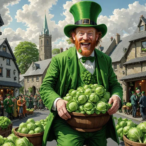 hyper detailed masterpiece, dynamic realistic digital art, awesome quality, 0.3&&st. patricks day, Traditional Irish illustrations, Lighthearted, Green clothing (all shades), Leprechaun traps, Cabbage, , Inviting