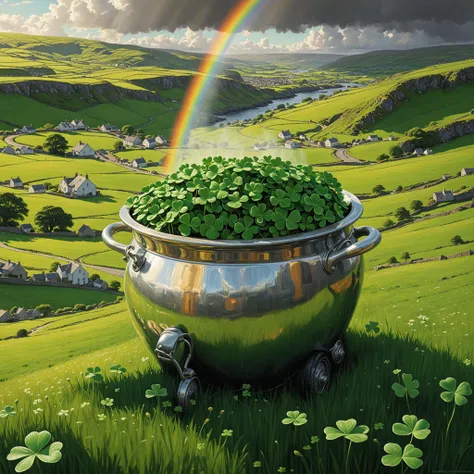 hyper detailed masterpiece, dynamic realistic digital art, awesome quality, , Traditional Irish illustrations, Fun, , Shamrocks, Pot of gold, 0.3&&Rolling green hills, Green spotlights