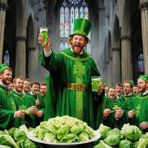 hyper detailed masterpiece, dynamic realistic digital art, awesome quality, st. patricks day, Traditional Irish illustrations, Festive, Green clothing (all shades), Green streamers, Eating cabbage, St. Patrick's Cathedral (Dublin), __st-patrick/lightings__