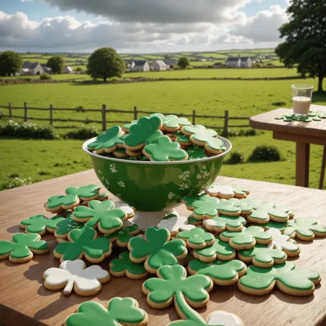 hyper detailed masterpiece, dynamic realistic digital art, awesome quality, , Photorealistic landscapes (Irish countryside), Fun, , Shamrock Table scatters, Shamrock cookies, , Inviting