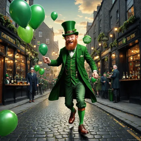 hyper detailed masterpiece, dynamic realistic digital art, awesome quality, 0.3&&st. patricks day, Traditional Irish illustrations, Lively, Leprechaun outfit, Buckle shoes, Green coat, Hat, Green balloons, Irish whiskey, 0.3&&Irish pubs, Green uplighting