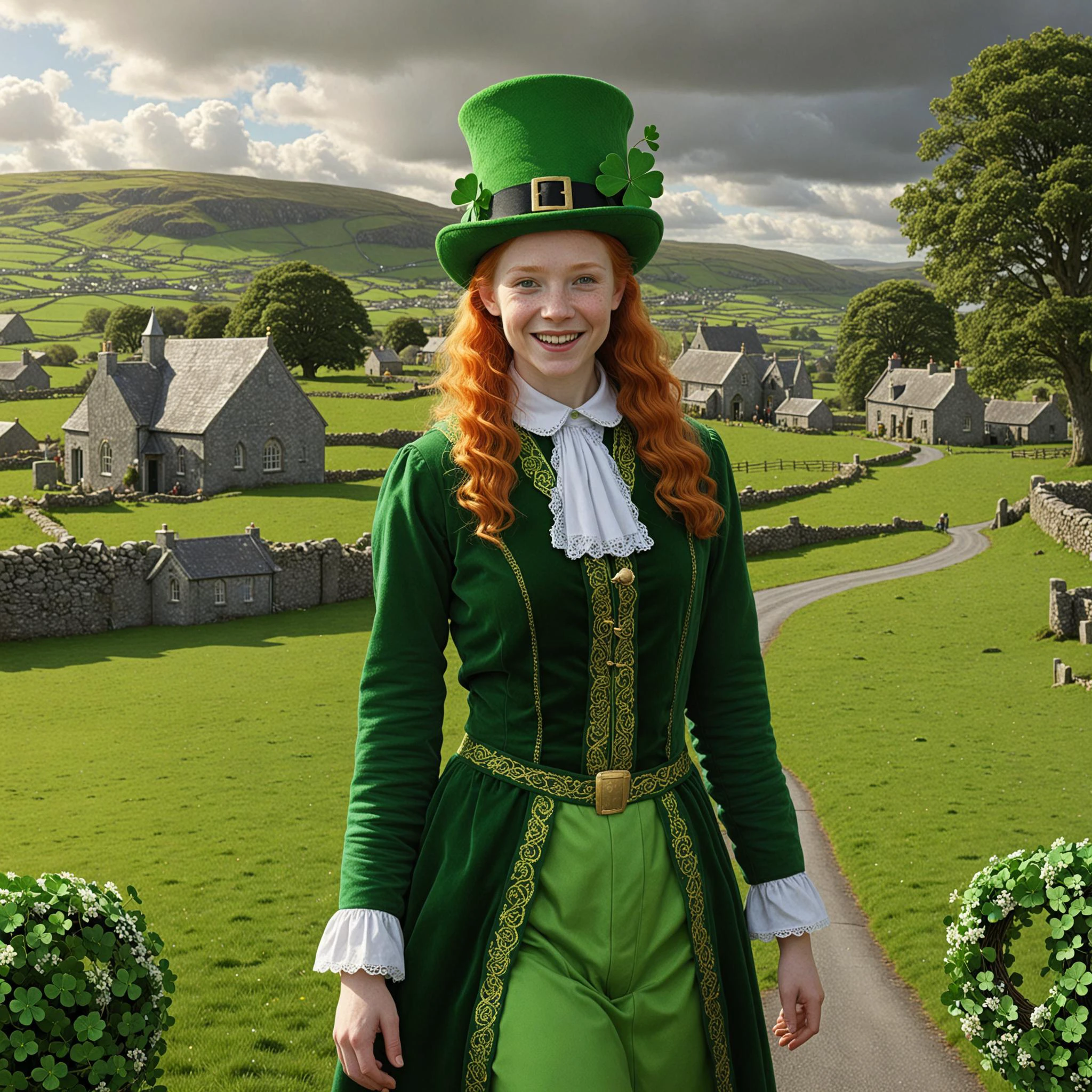 hyper detailed masterpiece, dynamic realistic digital art, awesome quality, 0.3&&st. patricks day, Photorealistic landscapes (Irish countryside), Reverent (during religious observances), Fairy costume, Shamrock Wreaths, Leprechaun, , Fairy lights (twinkling)