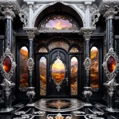 ((best quality)), ((masterpiece)), ((realistic,digital art)), (hyper detailed),Village, mansion made of Vivid Spectral Onyx, Scintillating, Sterling Silver, Tenacity, Filling, Limited Edition, Filigree, Baroque, Religious Symbols,8K, HDR, <lora:add-detail-xl:1.5>