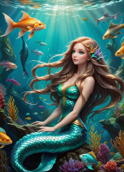 hyper detailed masterpiece, dynamic, awesome quality,mermaid, humanoid upper body,fish tail, long flowing hair,   enchanting alluring appearance, aquatic beauty, aquatic hues, singing and enchanting melodic voices, luring sailors to doom