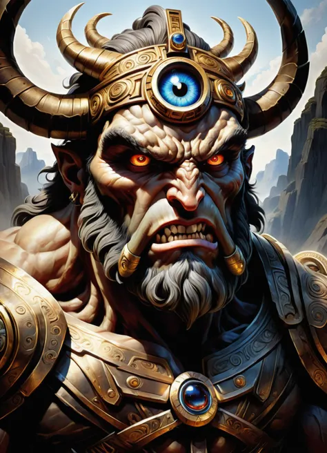 hyper detailed masterpiece, dynamic, awesome quality,cyclope, one-eyed giant, mythological creatures, enormous and powerful, singular eye in the middle of the forehead, fierce and intimidating appearance, known for strength and brutality, fantasy, greek mythology