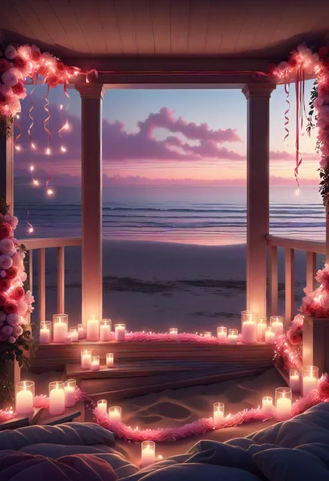 valentines day, realistic, tranquil, red and pink streamers, giving flowers, beach sunset, cozy fireside cuddling, soft, dimmed lights <lora:released\DonM3t3rn1tyXL-v1.1-000008:0.8>