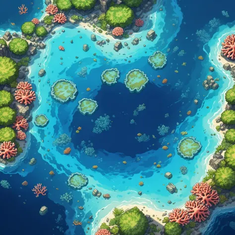 masterpiece illustration, detailed, hires, rpg tile, 2D, from above, coral reefs,