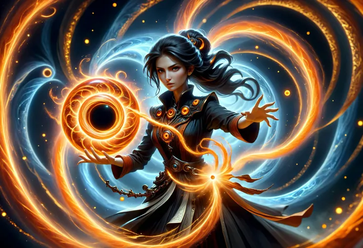 hyper detailed masterpiece, dynamic, awesome quality, female arcanist, time bending (manipulating the flow of time) Crafting spells of spell shaped like Spiral of benzimidazolone orange tempestuous illusion and black hole creation (controlled, fictional application) DonMM4g1cXL <lora:DonMM4g1cXL_v1.2:0.7> <lora:Perfect Hands v2:1.0> Perfect Hands