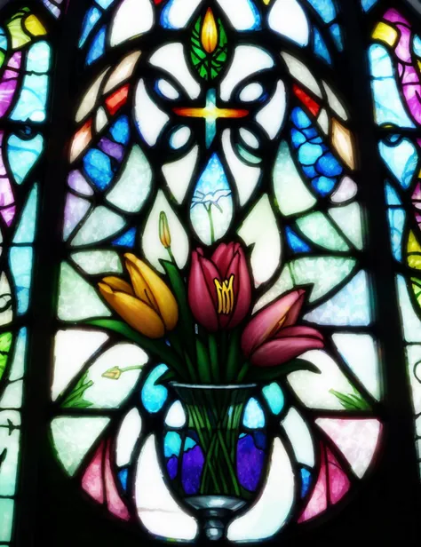 0.3&&easter, stained glass window, joyful, , flowers lilies, tulips, cross, Geometric shapes (freehand or stencils) , candlelight