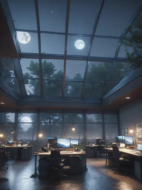 ((best quality)), ((masterpiece)), ((realistic,digital art)), (hyper detailed), Woodland Moonlit Night,Office Building,Skylight, octane rendering, raytracing, volumetric lighting, Backlit,Rim Lighting, 8K, HDR,  <lora:add-detail-xl:.8>