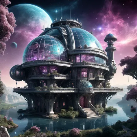 ((best quality)), ((masterpiece)), ((realistic,digital art)), (hyper detailed),Space Station, villa made of Gleaming Twinkling Alexandrite, Glistering, Ceramic, Tenacity, Bleaching, Hard to Find, Fantasy, Antique, Mystical and Occult,8K, HDR, <lora:add-detail-xl:1.5>
