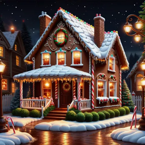 hyper detailed masterpiece, dynamic realistic digital art, awesome quality,  gingerbread house art, fezziwig, lights,chocolate truffles, full of anticipation and excitement,cozy and comforting,sparkling and festive, vintage lighting, cozy evenings by the fireplace with hot cocoa