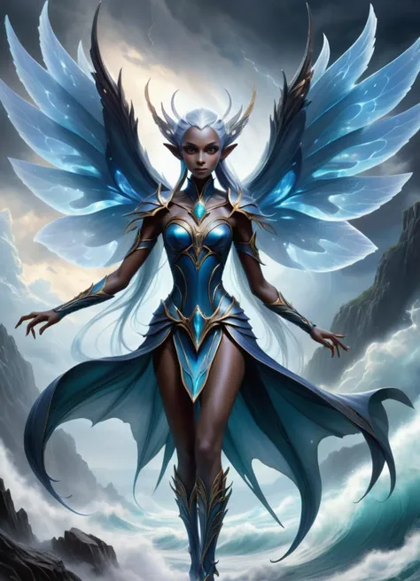 hyper detailed masterpiece, dynamic, awesome quality,dark elf, sylph, humanoid elemental being, delicate and ethereal being with gossamer wings, guardians of the air, sky,weather, stormy,seafaring