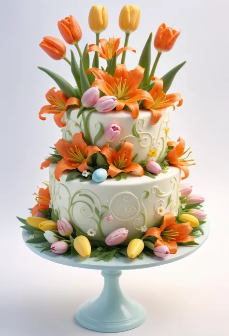 0.3&&easter, biblical scene, joyful, , flowers lilies, tulips, carrot cake, Freehand designs (flowers, swirls, lines, faces) , soft, warm lighting