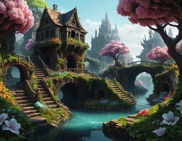 hyper detailed masterpiece, dynamic realistic digital art, awesome quality, Destructive Territory,Enigmatic Enclaves,Ghostly Grotto,Depth of Field (DOF),Sweet,Stark Beauty,Town,spring bloom