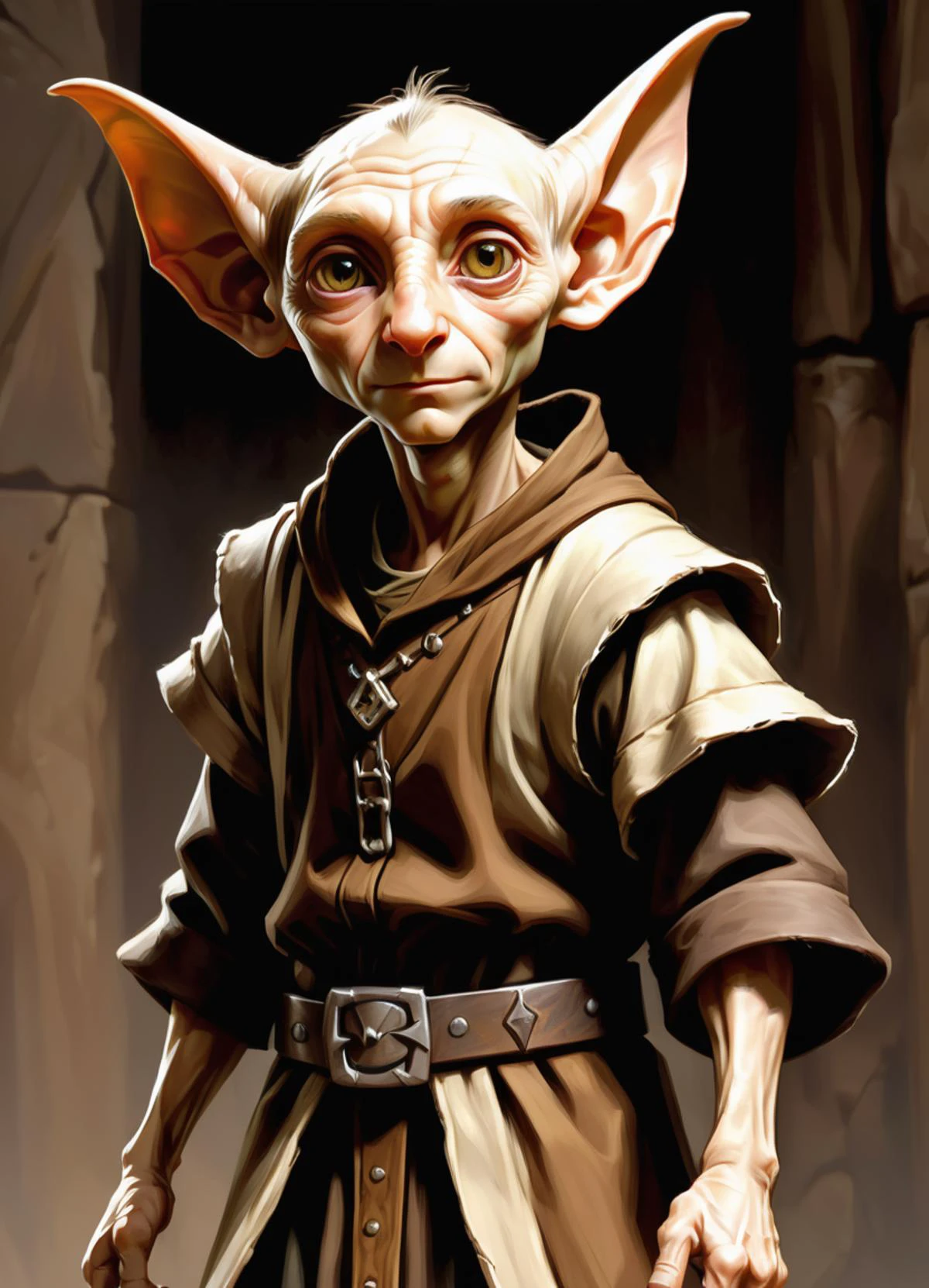 hyper detailed masterpiece, dynamic, awesome quality,male house elf, small humanoid being, large pointed ears, brown earth toned simple tattered clothing, subservient humble demeanor, large expressive eyes, magical, loyalty, dedication, strong sense of duty