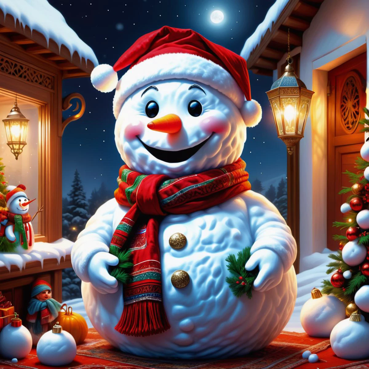 hyper detailed masterpiece, dynamic realistic digital art, awesome quality, snowman illustrations, kris kringle, snowmen,stuffing, grateful and thankful,harmonious and unified, moroccan lighting,