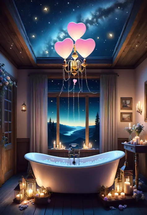 valentines day, surreal, rustic, balloons, __valtentine/food__, starry night sky, candlelit bubble bath for two, dimmed chandelier <lora:released\DonM3t3rn1tyXL-v1.1-000008:0.8>