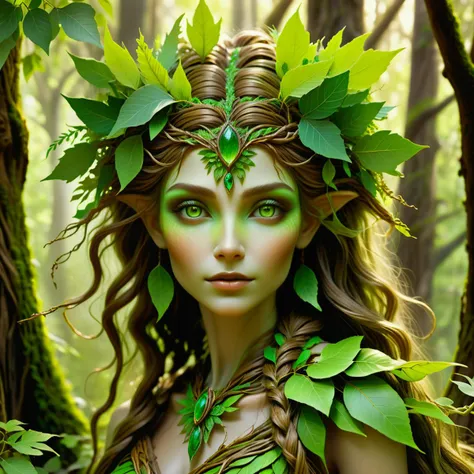 hyper detailed masterpiece, dynamic, awesome quality, dryad, female nature spirit, bark like woody skin texture, leafy viney hair and attire, serene or ethereal expression, green earthy coloration, nature infused eyes, associated trees, embodiment of the forest, carries symbols of nature, aura of natural beauty and grace