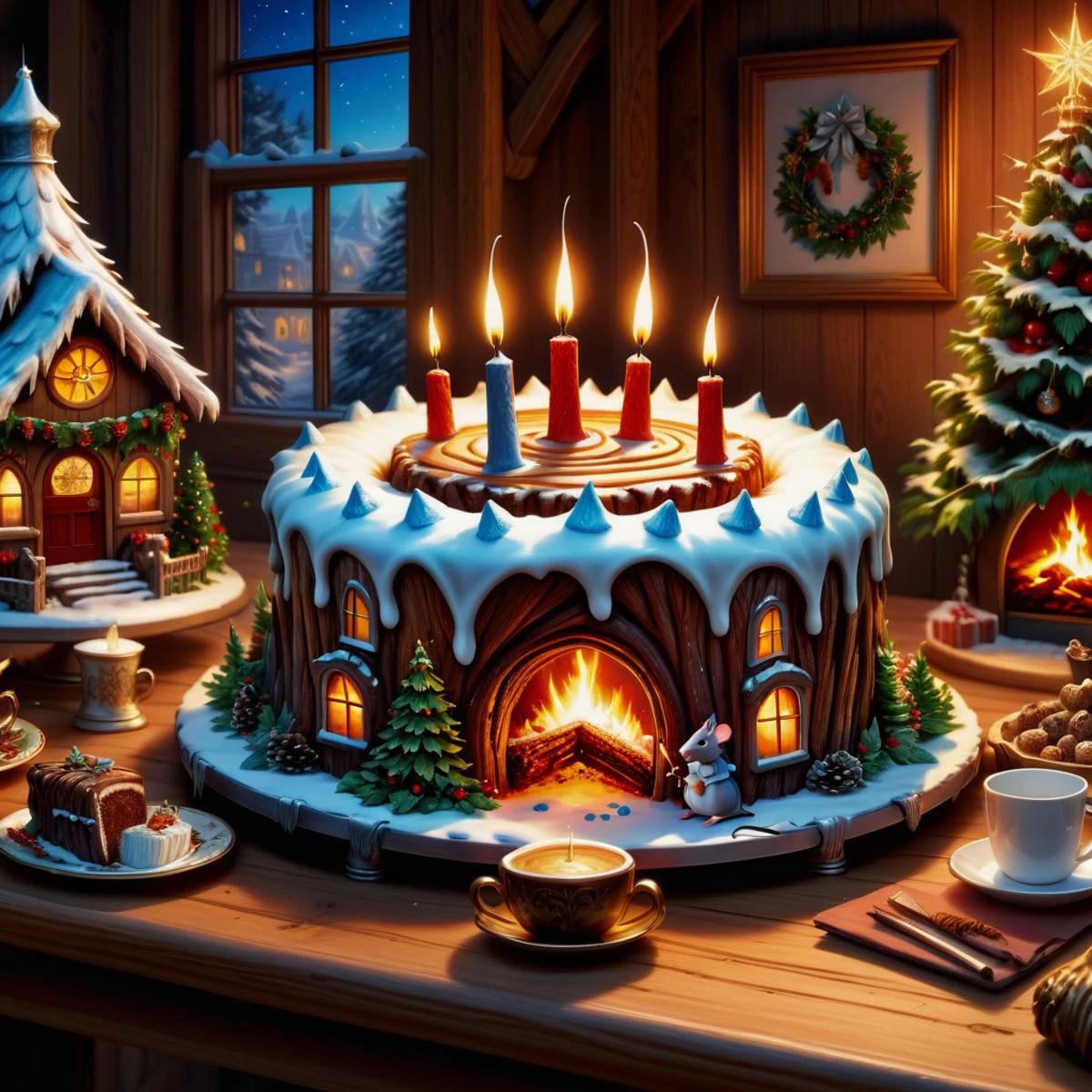 hyper detailed masterpiece, dynamic realistic digital art, awesome quality, winter wonderland, mouse king, yule log cake, cheerful and lively,enchanting and magical,generous and giving, table lamps, bustling holiday markets