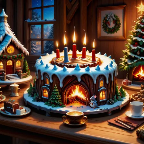 hyper detailed masterpiece, dynamic realistic digital art, awesome quality,  winter wonderland, mouse king, yule log cake, cheerful and lively,enchanting and magical,generous and giving, table lamps, bustling holiday markets