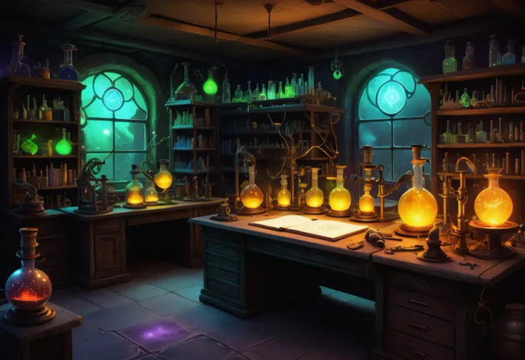 glow of alchemical reactions laboratory, research desks, alchemy sets,research tomes, transmutation coils, research familiars, alchemical homunculi, magic dampening zones, incandescent,intergalactic,bittersweet,wildlife habitat,maintenance