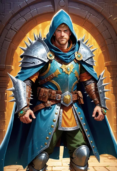 masterpiece illustration, detailed, hires, enchanted armor smith, dirk, spiked shield hooded cloak, bracelet, , glue trap, exciting,curved,balmy,gear-driven,effervescent