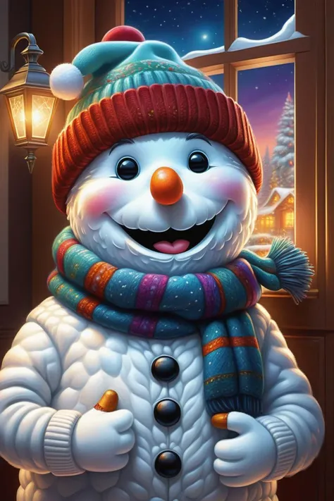 hyper detailed masterpiece, dynamic realistic digital art, awesome quality, cozy and warm scenes, gratitude, frosty the snowman, grateful and thankful,peaceful and serene,bright and colorful, wall sconces, wearing festive sweaters and hats