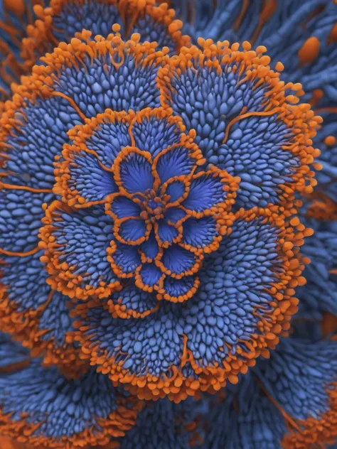 ((best quality)), ((masterpiece)), ((realistic,digital art)), (hyper detailed), Small Bluish-Orange Spore Print Mat-like Lobed plant, Fine Texture Slender Tuber, Plate-like, Blue Spore Print Bracteole Inflorescence flower, Truncate, , octane rendering, raytracing, volumetric lighting, Backlit,Rim Lighting, 8K, HDR, <lora:add-detail-xl:.8>
